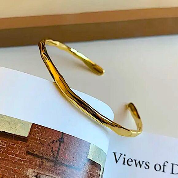 Gold Irregular Bangle Bracelet, Geometric, Cuff, Minimalist - Picture 5 of 8